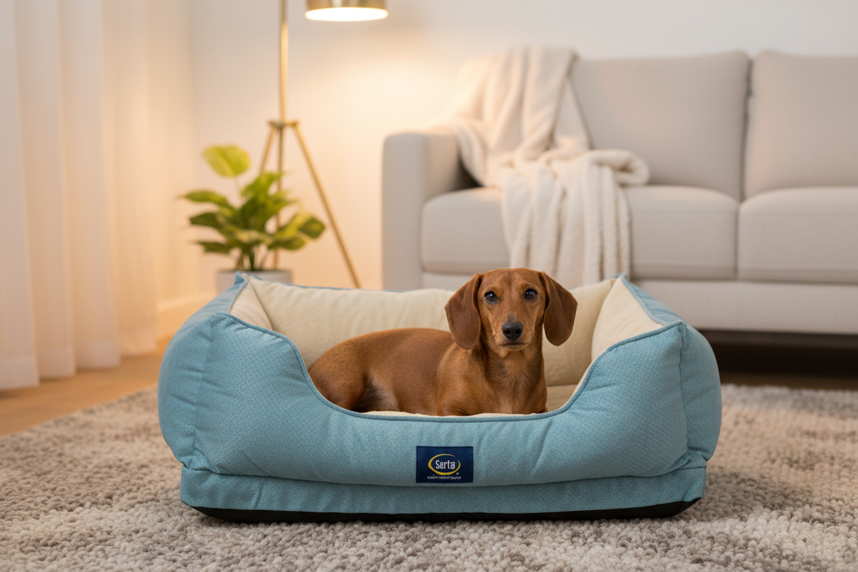 A brown dog is resting inside a blue and beige plush dog bed.